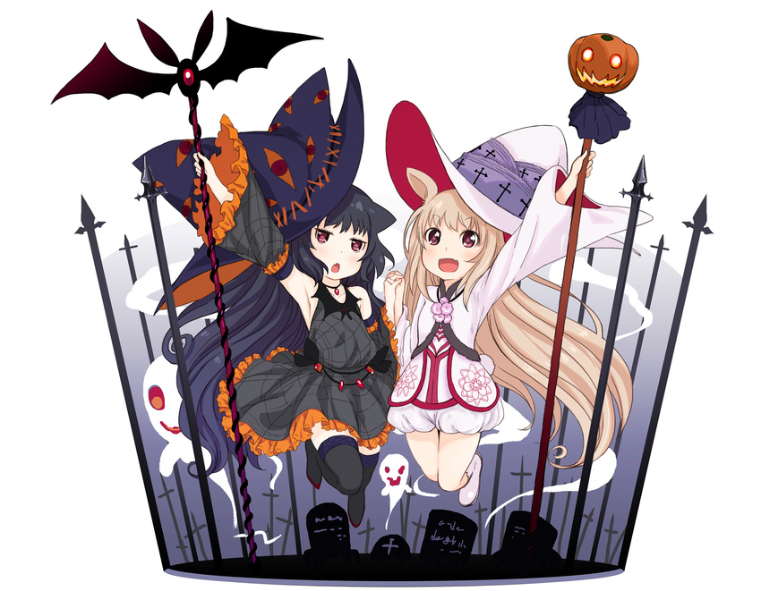 :d :o abe_kanari animal_ears arm_up armpits bare_shoulders black_hair black_legwear blonde_hair blush cat_ears detached_sleeves dress fang fangs ghost halloween hat highres holding jack-o'-lantern jewelry large_hat legs_up long_hair looking_at_viewer multiple_girls necklace open_mouth original pink_eyes pumpkin red_eyes smile spider_web_print staff thighhighs tombstone witch_hat