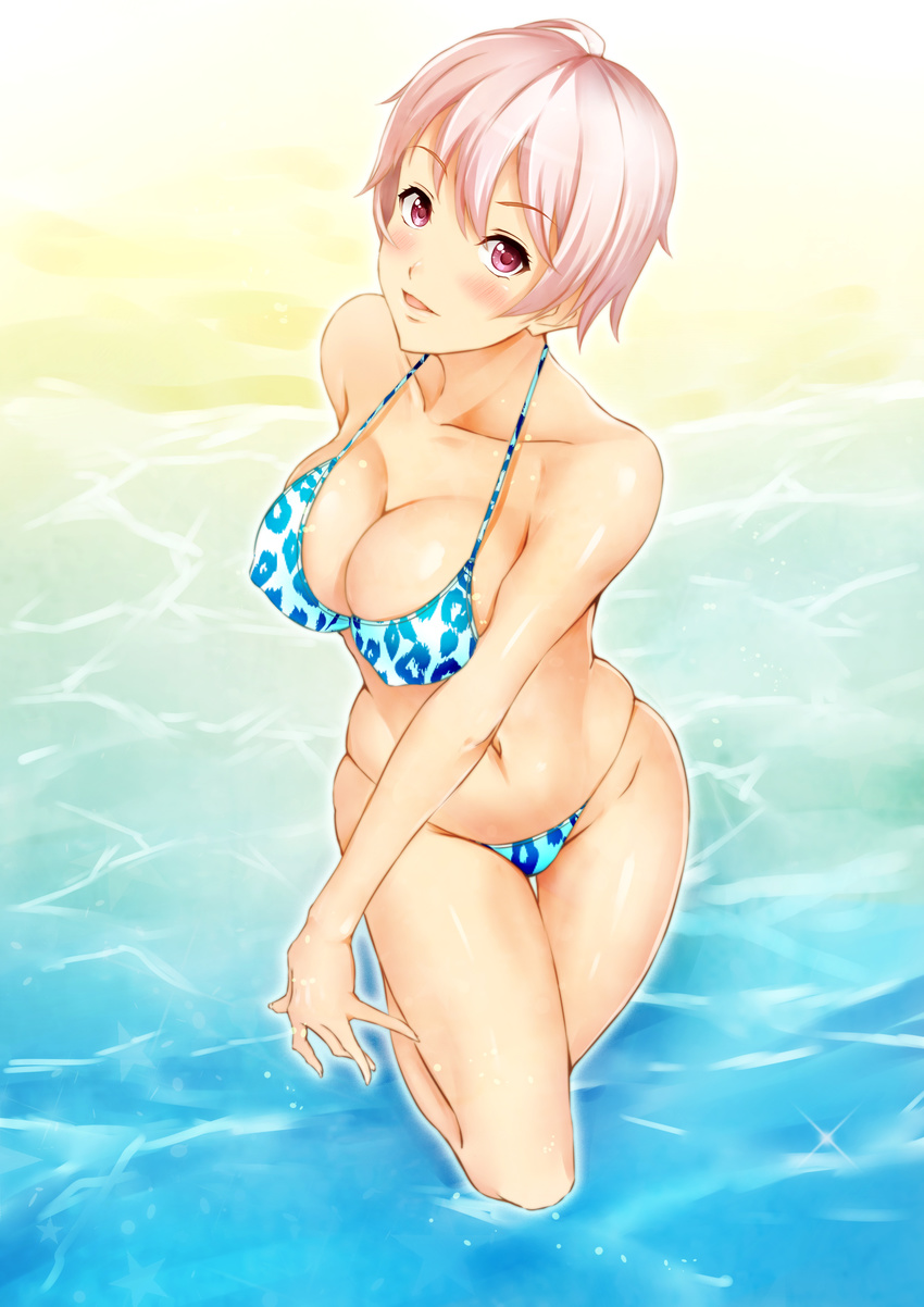 absurdres bad_id bad_pixiv_id beach bikini blush breasts collarbone highres large_breasts looking_at_viewer navel original outdoors pink_eyes pink_hair shanaminami short_hair smile solo swimsuit water