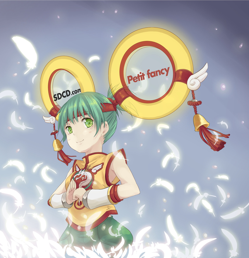 bad_id bad_pixiv_id bell dragon_kid feathers gradient gradient_background green_eyes green_hair hair_ornament highres hpflower huang_baoling smile solo tiger_&amp;_bunny