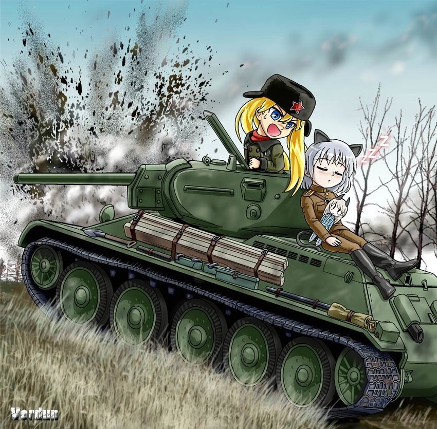 artist_request boots character_request doll eila_ilmatar_juutilainen explosion fur_hat hat military military_uniform military_vehicle sanya_v_litvyak soviet strike_witches t-34 tank toy uniform ushanka vehicle war world_war_ii wwii