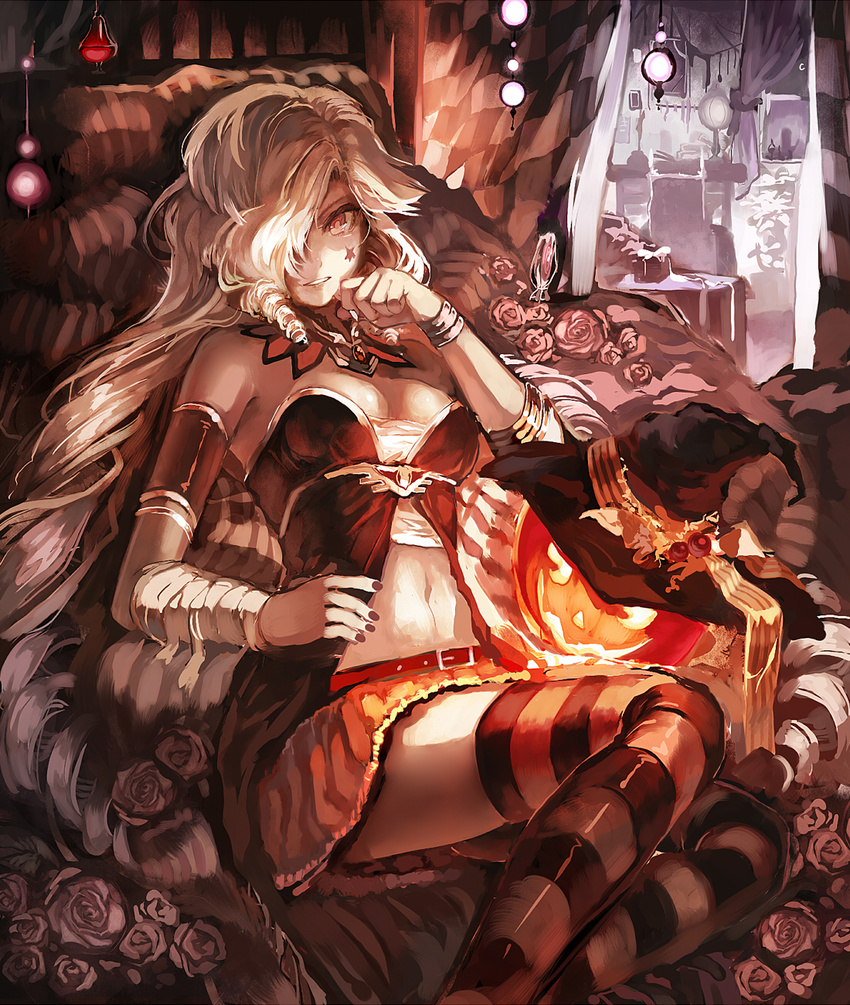 bare_shoulders belt breasts checkered detached_sleeves flower glowing hair_over_one_eye hat highres jack-o'-lantern long_hair looking_at_viewer medium_breasts navel original r04315 red_eyes red_flower red_rose rose sepia silver_hair sitting skirt smile solo star striped striped_legwear thighhighs witch_hat