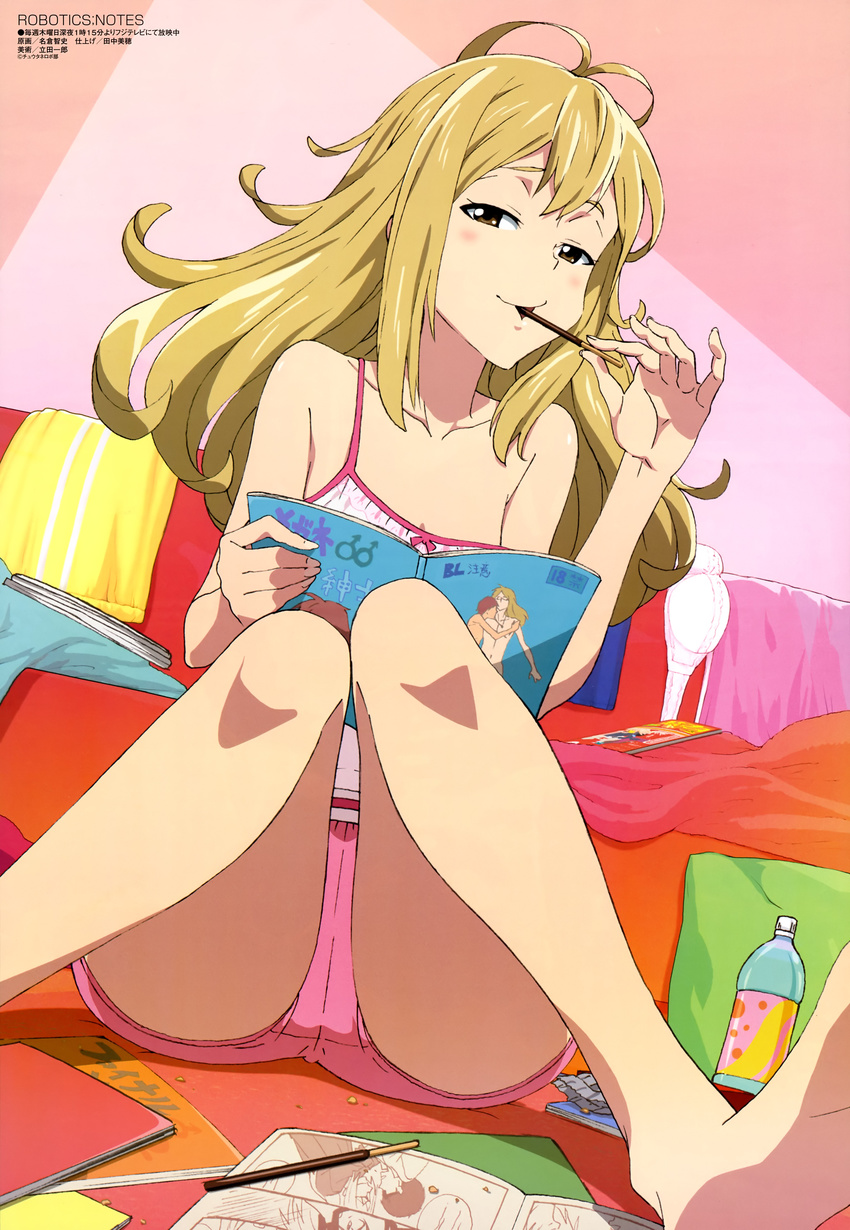 :&gt; absurdres antenna_hair bangs bare_shoulders barefoot blonde_hair blush bottle bra brown_eyes camisole couch crotch double_vertical_stripe drink dutch_angle eating feet food fujoshi highres indoors knees_together_feet_apart koujiro_frau long_hair looking_at_viewer manga_(object) megami messy_room nagura_satoshi naughty_face non-web_source official_art on_floor open_mouth pillow pocky pornography reading robotics;notes scan shadow short_shorts shorts sidelocks sitting soles solo strap_slip underwear wavy_hair white_bra yaoi