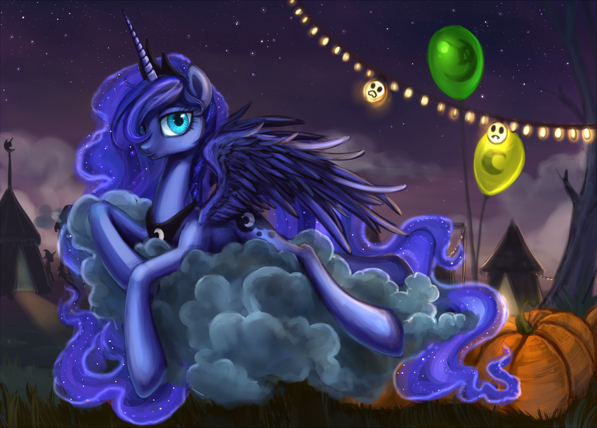 balloon blue_eyes cloud crown cutie_mark equine female feral friendship_is_magic halloween hat holidays horn horse looking_at_viewer mammal moon my_little_pony necklace night nyarmarr outside pony princess princess_luna_(mlp) pumpkin royalty silhouette sparkles stars tent tree winged_unicorn wings wizard_hat wood
