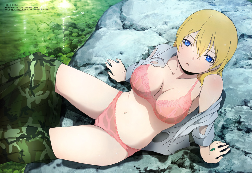 absurdres areolae arm_support bangs blonde_hair blue_eyes body_blush bra breasts breasts_apart btooom! camouflage day dress_shirt floral_print from_above gem hair_between_eyes highres himiko_(btooom!) lace lace-trimmed_bra lace-trimmed_panties large_breasts lingerie looking_at_viewer looking_up megami nagasaka_keita nature non-web_source official_art on_ground open_clothes open_shirt outdoors panties parted_lips pink_bra pink_panties pleated_skirt reclining rock scan see-through shadow shirt short_hair sitting skirt skirt_pull sleeves_rolled_up solo underwear underwear_only undressing water wet wet_bra wet_clothes wet_hair wet_panties wet_shirt