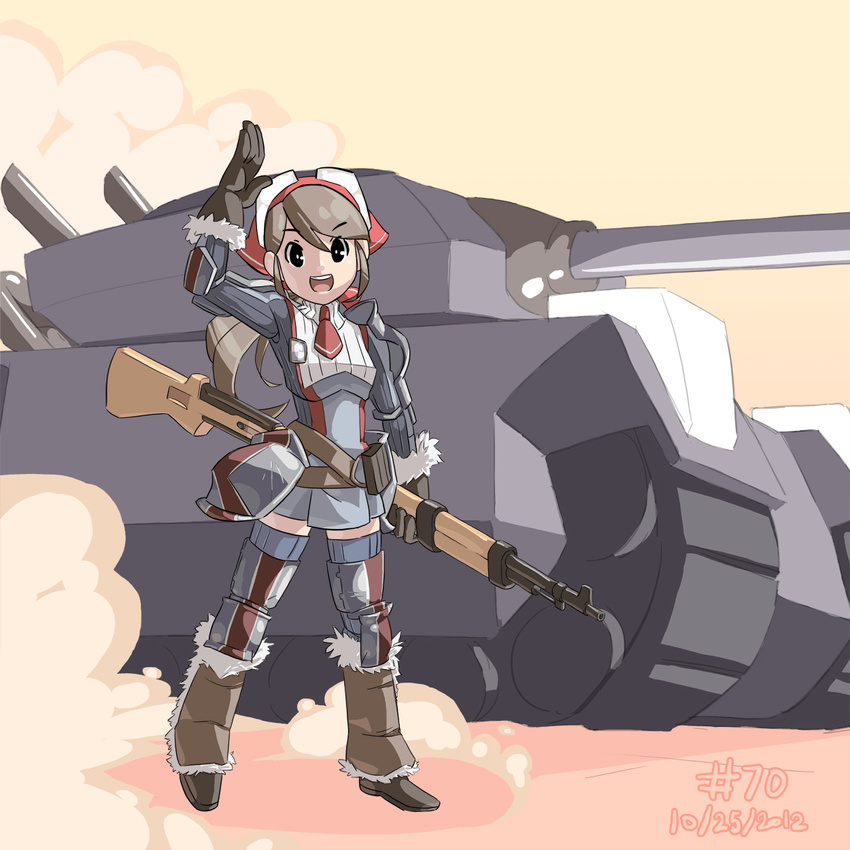 2012 alicia_melchiott armor bandana brown_eyes brown_hair dated dress faulds gloves ground_vehicle gun highres junkpuyo knee_pads leg_warmers long_hair military military_uniform military_vehicle motor_vehicle necktie open_mouth pauldrons rifle senjou_no_valkyria senjou_no_valkyria_1 short_dress solo tank thighhighs uniform waving weapon