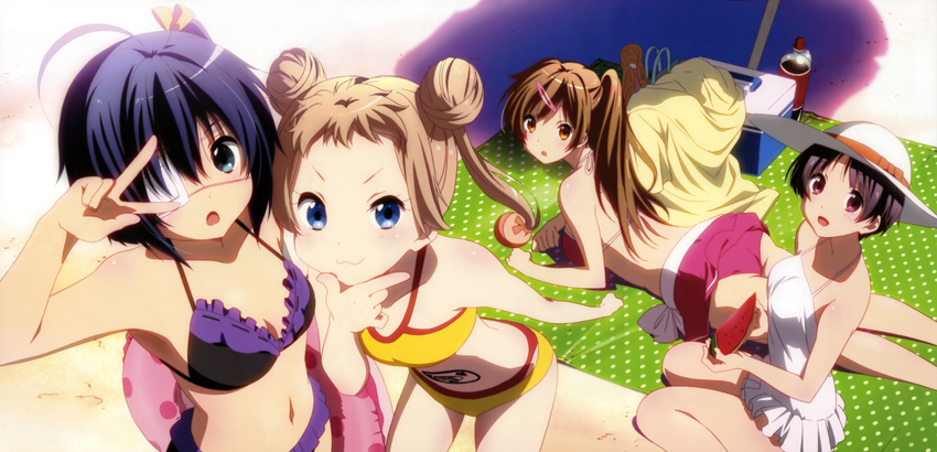 :3 :d :o absurdres ahoge ass bikini black_hair blonde_hair blue_eyes blue_hair brown_eyes brown_hair casual_one-piece_swimsuit chin_rest chuunibyou_demo_koi_ga_shitai! dekomori_sanae detexted double_bun drink eyepatch food frilled_swimsuit frills fruit hair_ornament hairclip hat highres ikeda_kazumi innertube legs long_image lying megami multiple_girls navel nibutani_shinka official_art on_stomach one-piece_swimsuit open_mouth parasol pink_eyes ponytail scan shade short_hair smile stick_poster sun_hat swimsuit takanashi_rikka third-party_edit tsuyuri_kumin twintails umbrella v v_over_eye watermelon