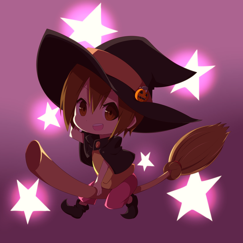 absurdres bad_id bad_pixiv_id broom brown_eyes brown_hair cape costume digimon digimon_adventure halloween hat highres jack-o'-lantern lemon_(wzcrybmi) short_hair smile solo star witch_hat yagami_hikari