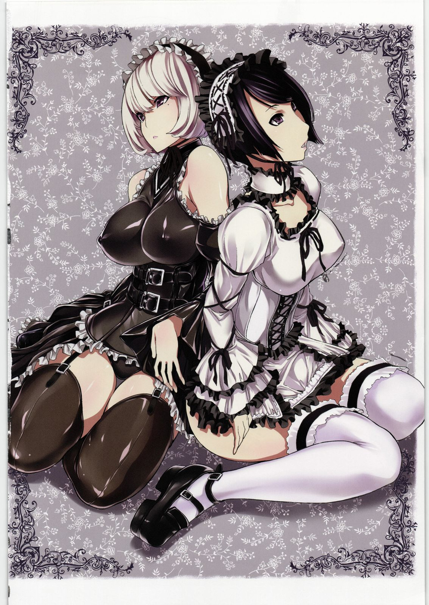 2girls aoki_yuriko bakuman bare_shoulders belt black_eyes black_hair black_panties breasts dairiseki erect_nipples garter_belt gothic hakaba_(dairiseki) highres iwase_aiko large_breasts legwear looking_up mole multiple_girls panties pantyhose shoes short_hair sitting skirt thighhighs underwear white_hair