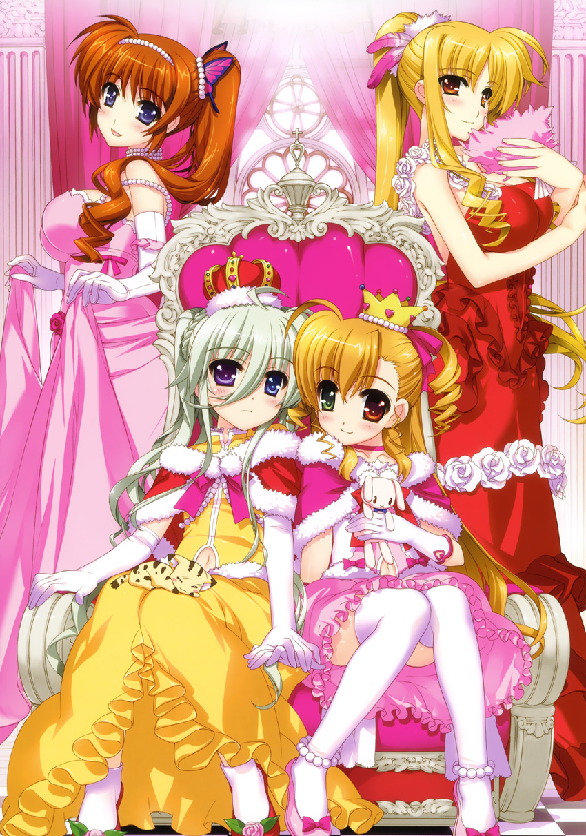 absurdres anklet blonde_hair blue_eyes breasts brown_eyes brown_hair butterfly_hair_ornament capelet choker crown dress einhart_stratos fate_testarossa feathers flower frills fujima_takuya gloves green_eyes hair_ornament heterochromia highres jewelry large_breasts long_hair lyrical_nanoha mahou_shoujo_lyrical_nanoha_vivid multiple_girls necklace official_art pearl_necklace pink_dress pink_flower pink_rose pink_skirt ponytail purple_eyes red_dress red_eyes red_flower red_rose rose scan shoes side_ponytail sitting skirt smile takamachi_nanoha thighhighs throne vivio white_flower white_hair white_legwear white_rose yellow_dress
