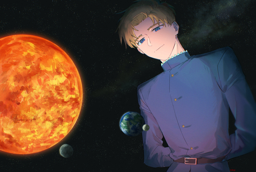 1boy absurdres arms_behind_back artist_name belt black_belt blonde_hair blue_eyes blue_jacket buttons chi.:_chikyuu_no_undou_ni_tsuite closed_mouth commentary earth_(planet) han_orb highres jacket light_smile male_focus moon planet rafal_(chi.) short_hair sky solar_system solo space star_(sky) starry_sky sun symbol-only_commentary upper_body
