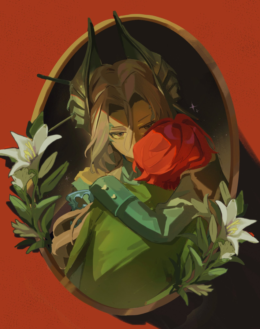 2girls arm_around_neck blue_jacket cape facing_away flower from_behind green_cape grey_eyes grey_hair hair_ornament hashtag-only_commentary head_on_another's_shoulder highres jacket lily_(flower) long_toi_tan_nat_khi_nhan_ra_toi_la_gay looking_at_viewer marsha_(reverse:1999) multiple_girls oval_image red_background red_hair reverse:1999 sentinel_(reverse:1999) upper_body white_flower yuri