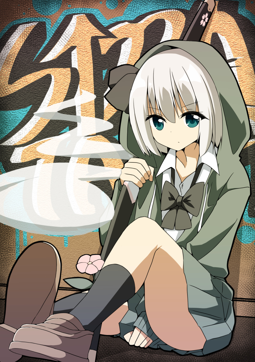 1girl alternate_costume black_bow black_bowtie black_hairband black_socks bow bowtie brown_shoes collared_shirt commentary_request flower graffiti green_eyes green_hoodie green_skirt grey_hair hairband highres hitodama holding holding_sword holding_weapon hood hoodie katana kneehighs konpaku_youmu konpaku_youmu_(ghost) loafers long_sleeves looking_at_viewer loose_bowtie medium_hair pink_flower pleated_skirt sheath sheathed shirt shishiky shoes sitting skirt socks solo sword touhou weapon white_shirt