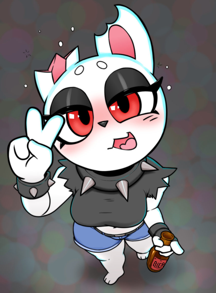 2026 3_toes 4_fingers alcohol anthro barefoot beer beer_bottle belt beverage big_breasts black_belt black_clothing black_eyebrows black_nose black_shirt black_topwear blue_bottomwear blue_clothing blue_shorts blush bottle bottomwear bracelet breasts bubble clothed clothed_anthro clothed_female clothing collar container crop_top dedreds denim denim_bottomwear denim_clothing denim_shorts drunk drunk_bubble eyebrows feet female female_anthro fingers flesh_fang fur gesture glistening glistening_eyes half-closed_eyes hand_gesture hi_res high-angle_view holding_beer holding_bottle holding_container holding_object jewelry lagomorph leporid mammal narrowed_eyes open_mouth pink_inner_ear pink_tongue pupils rabbit red_eyes shirt shorts solo spiked_bracelet spiked_collar spikes standing substance_intoxication toes tongue topwear torn_ear torn_sleeves trash_bun_(dedreds) v_sign white_body white_ears white_eyebrows white_fur