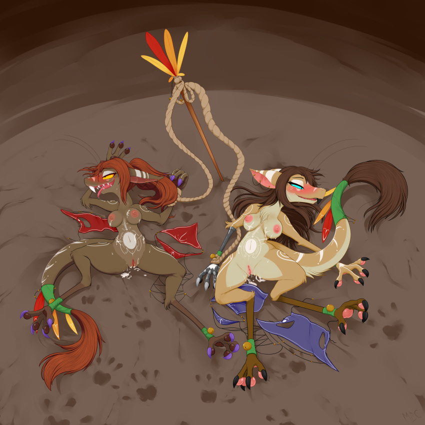 1:1 absurd_res ahegao anthro aquamarine_eyes aquamarine_sclera arm_tuft bell belly belly_markings black_claws black_teeth blue_clothing blue_eyes blue_sclera blush bodily_fluids bodily_fluids_in_pussy bound brown_hair brown_pawpads brown_tail_tuft claws clothes_on_ground clothing cum cum_in_vagina cum_inside cum_on_body dirt_floor duo ear_markings ear_piercing ear_ring elbow_tuft facial_markings feather_accessory feathers female footprint genital_fluids genitals hair head_markings hi_res jingle_bell leaking_cum leg_markings looking_pleasured mammal markings mentalcrash nipples out-of-placers pawpads piercing pink_nipples pink_pawpads pink_vulva pivoted_ears ponytail prosthetic prosthetic_arm prosthetic_limb purple_claws red_clothing red_hair red_tail_tuft ring_piercing rope sharp_teeth shelltooth_(yinglet) skinny_anthro snout snout_markings spread_legs spreading tail tail_markings tail_tuft teeth thigh_markings tribal tribal_markings tuft vulva white_claws yellow_eyes yellow_sclera yinglet