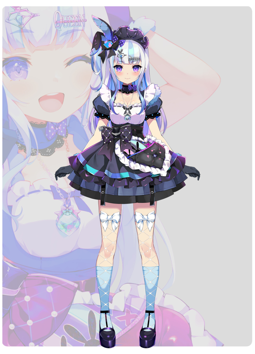 >:) 1girl ;d animal_ears apron arms_at_sides black_apron black_choker black_dress black_gloves black_shoes blue_hair blue_socks blunt_bangs blush bow bow_legwear breasts choker cleavage closed_mouth colored_inner_hair commentary_request connectopia diamond_necklace different_zoom_layer dress earrings fake_animal_ears fishnet_thighhighs fishnets framed_breasts frilled_choker frilled_dress frilled_skirt frills full_body fur-trimmed_gloves fur_trim gloves gradient_hair grey_background grey_hair hair_ornament hairclip heart_apron highres jewelry kneehighs layered_dress layered_legwear legs_apart lolita_fashion long_hair long_sidelocks maid maid_headdress medium_breasts mesugaki_dia mismatched_earrings multicolored_hair multiple_hair_clips multiple_views necklace official_art one_eye_closed one_side_up open_mouth paperclip_earrings petticoat pilokey platform_heels platform_shoes puffy_short_sleeves puffy_sleeves purple_eyes purple_hair rabbit_ears shirt shoes short_dress short_sleeves sidelocks silver_necklace simple_background skirt smile smug socks square_neckline straight-on strappy_heels teeth text_hair_ornament thighhighs thighhighs_over_socks unconventional_maid underbust upper_teeth_only v-shaped_eyebrows virtual_youtuber waist_apron waist_bow white_shirt white_thighhighs