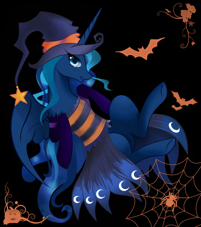arthropod artist-apprentice587 bat blue_eyes cobweb costume elbow_gloves equine female feral friendship_is_magic gloves hair hat horn horse long_hair looking_at_viewer magic_user mammal moon my_little_pony pony princess_luna_(mlp) pumpkin solo spider star winged_unicorn wings witch wizard_hat