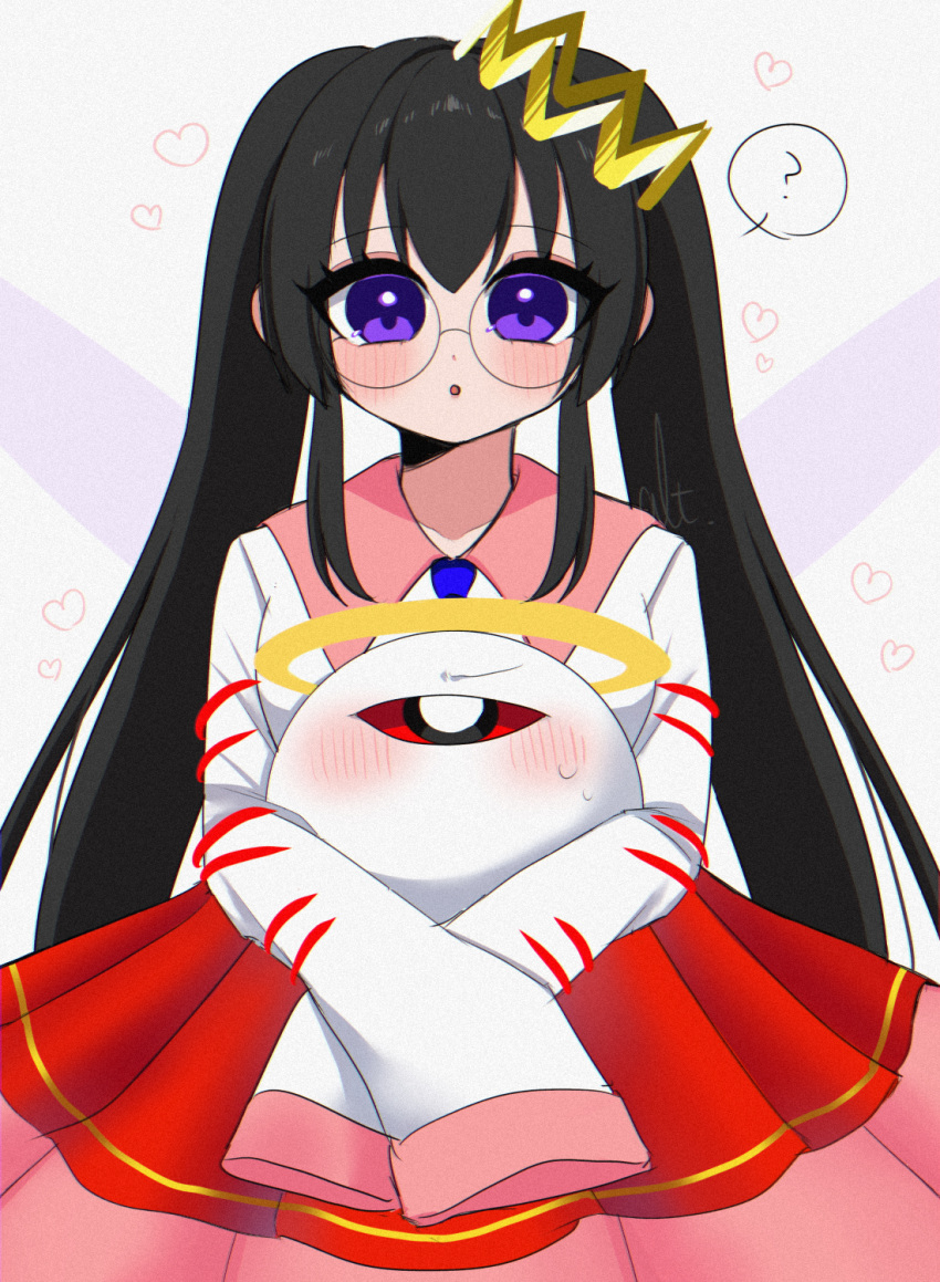 1girl ? alt_0218 artist_name black_hair blush crown fairy fairy_wings glasses grey_background halo heart highres kirby_(series) kirby_64 long_hair one-eyed purple_eyes red_eyes ripple_star_queen signature simple_background sleeves_past_fingers sleeves_past_wrists twintails very_long_hair wings zero_two_(kirby)