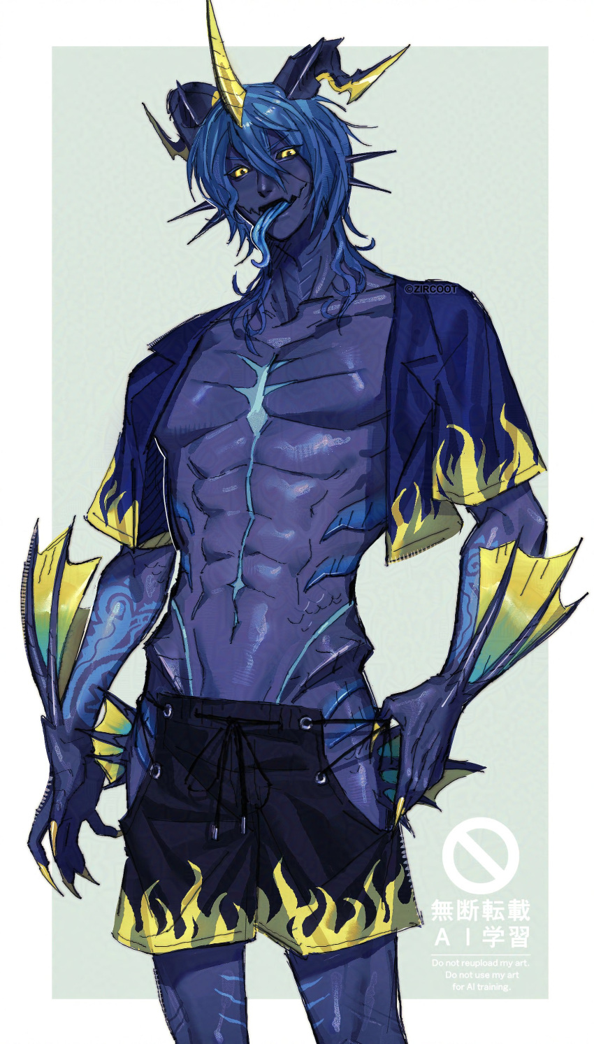 1boy absurdres black_sclera black_shorts blue_horns blue_shirt blue_skin blue_tongue colored_sclera colored_skin colored_tongue cowboy_shot cropped_shirt deep_blue_(ff14) english_commentary final_fantasy final_fantasy_xiv fingernails fins fish_boy gills green_background groin highres horns long_tongue looking_at_viewer male_focus monster_boy open_clothes open_shirt scales sharp_fingernails shirt shorts simple_background solo standing strap_pull toned toned_male tongue tongue_out yellow_eyes yellow_horns zircoot