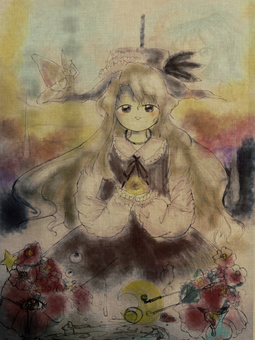 1other 2girls black_hat blonde_hair brown_dress brown_eyes brown_feathers brown_ribbon bubble collar crescent cupping_hands dolls_in_pseudo_paradise dress faux_traditional_media feathers flower frilled_collar frills hair_between_eyes hat hat_feather highres jacket_girl_(dipp) label_girl_(dipp) light_blush long_hair long_sleeves looking_at_viewer multiple_girls muted_color noose object_floating_above_hand on_ground own_hands_together pechi_(h0t_c0ffee) red_flower ribbon smile smoking_pipe splotch star_(symbol) touhou triangle_mouth vase very_long_hair watercolor_effect white_collar white_sleeves wings yellow_eyes yellow_flower zun_(style)