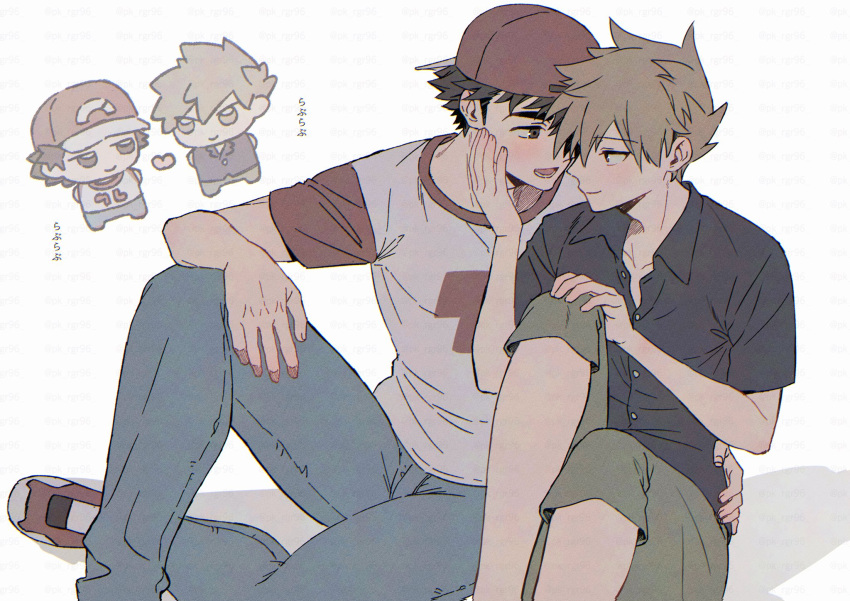 2boys arm_around_waist arm_on_knee backwards_hat baseball_cap black_shirt blue_oak blue_pants brown_eyes brown_hair chibi closed_mouth collarbone collared_shirt commentary_request crew_neck denim eye_contact green_pants hand_on_another's_face hand_on_another's_hip hat highres jeans looking_at_another looking_to_the_side male_focus multiple_boys open_clothes open_mouth open_shirt pants parted_bangs pk_rgr96 pokemon pokemon_sm red_(pokemon) red_hat red_shoes shirt shoes short_sleeves sitting smile sneakers spiked_hair white_background yaoi
