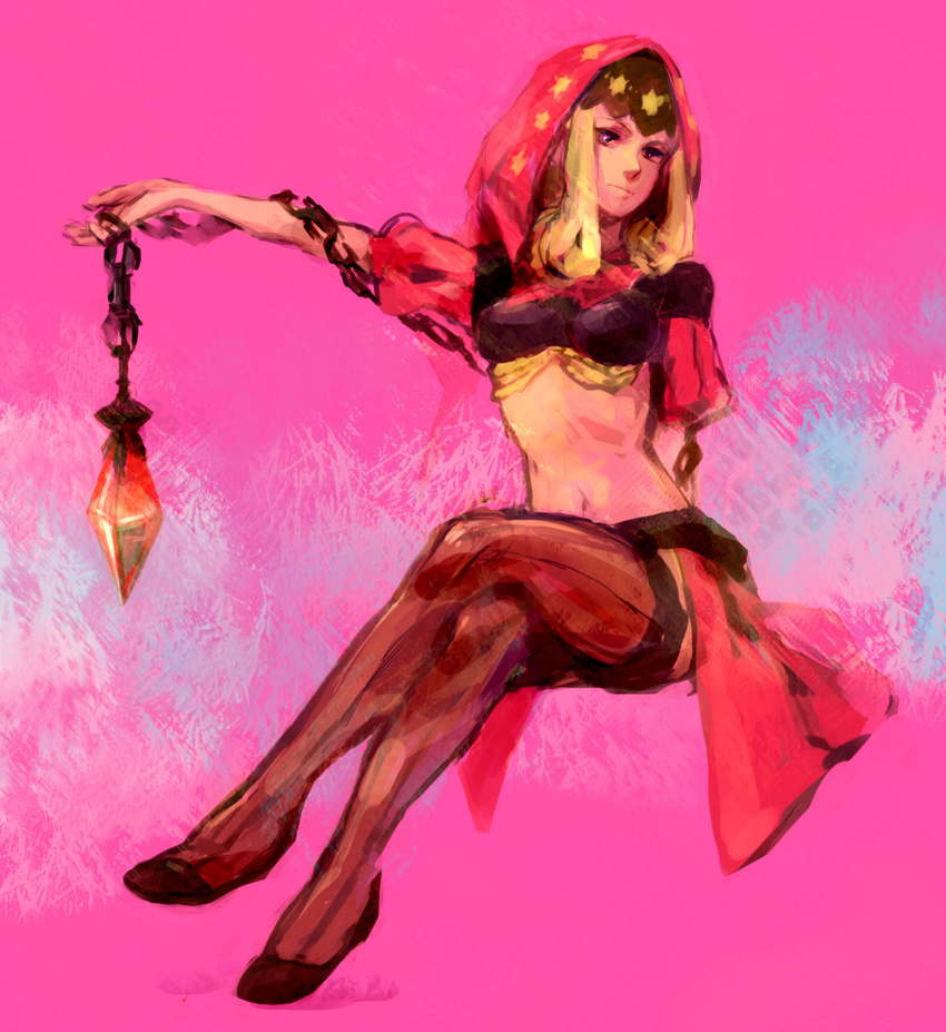 bad_id bad_pixiv_id blonde_hair chain crossed_legs domodesu full_body gem highres hood midriff odin_sphere outstretched_arm pink pink_background puff_and_slash_sleeves puffy_sleeves sitting striped striped_legwear thighhighs velvet_(odin_sphere) vertical-striped_legwear vertical_stripes