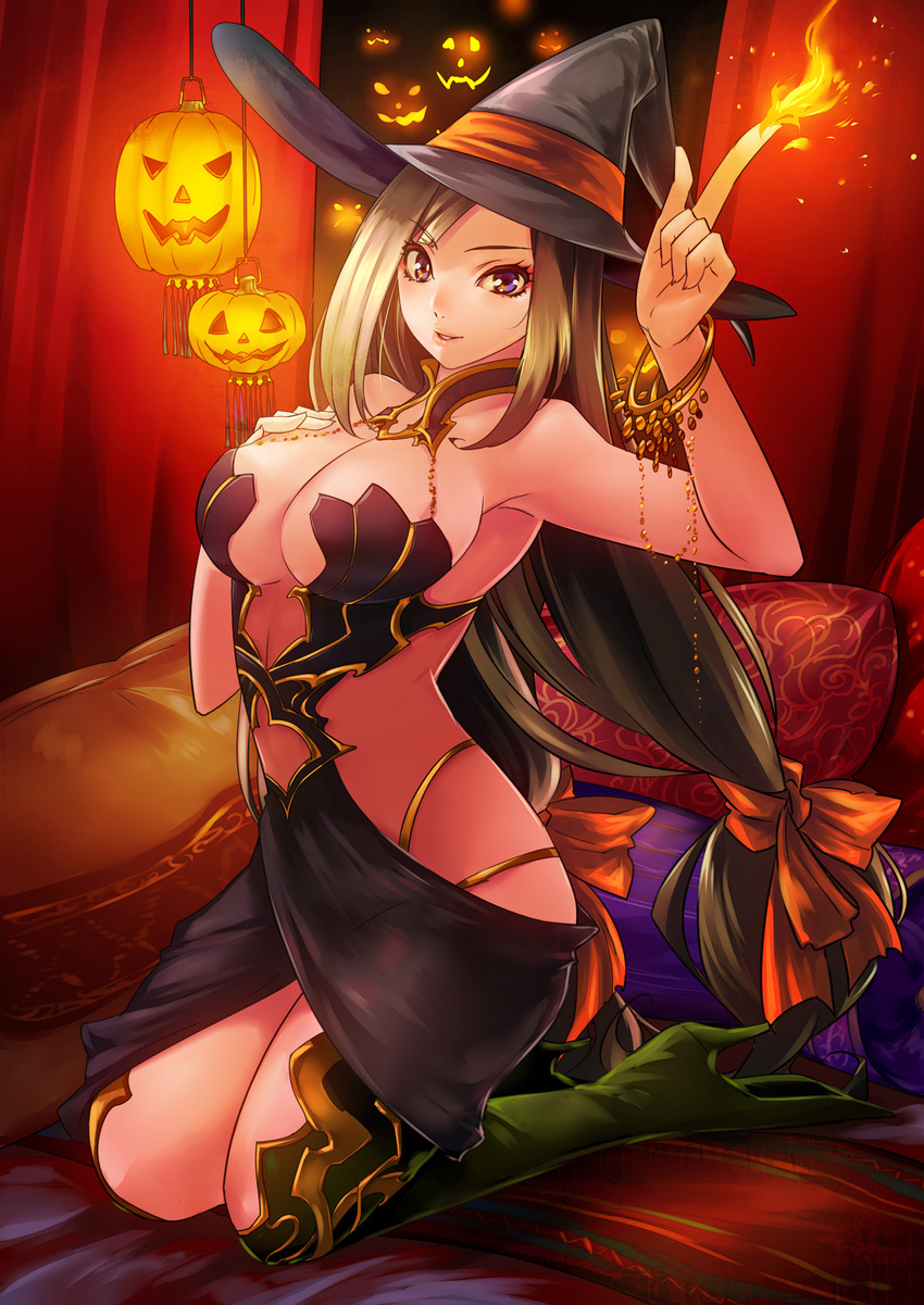 armpits bare_shoulders blonde_hair breasts cleavage fire halloween hat high_heels highres jack-o'-lantern kneeling large_breasts light_smile long_hair original pumpkin purple_eyes raised_eyebrow shoes solo tamachi_kuwa witch witch_hat