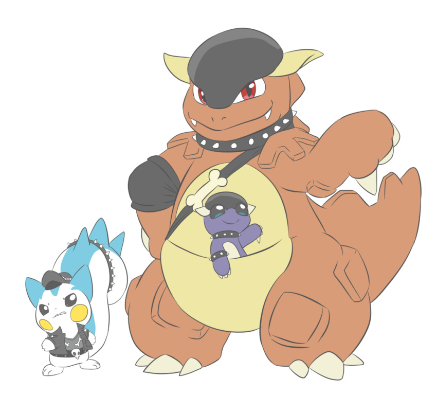 accessory ambiguous_anthro ambiguous_gender anthro black_body black_bracelet black_choker black_jewelry black_necklace black_tailband blue_body blue_eyes blue_fur bracelet brown_body choker claws clothing dendollae fur furgonomics generation_1_pokemon generation_4_pokemon gesture grey_clothing grey_eyes grey_hat grey_headwear grey_shirt grey_topwear group hand_gesture hat headgear headwear jewelry kangaskhan looking_at_viewer narrowed_eyes necklace nintendo pachirisu pokemon pokemon_(species) pouch_(anatomy) red_eyes shirt simple_background smile snaggle_teeth spiked_bracelet spiked_choker spiked_tailband spikes tail tail_accessory tailband thumbs_down topwear trio white_background white_body white_fur yellow_body yellow_cheeks