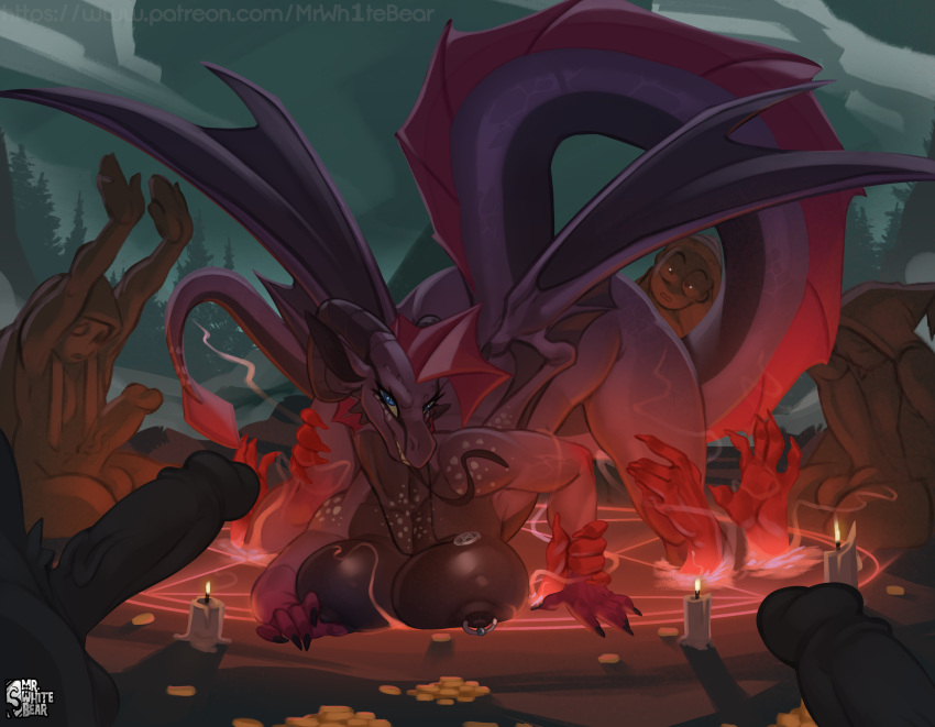 2025 absurd_res anthro arm_grab ass_up background_character balls bedroom_eyes big_breasts big_nipples big_penis blue_eyes breasts candle claws clothing coin cultist curved_horn detailed_background digital_media_(artwork) disembodied_hand dragon erection eyelashes female female_anthro finger_claws fingers forest forest_background from_front_position genitals glowing glowing_runes gold_(metal) gold_coin group hi_res horn human humanoid_genitalia humanoid_penis jack-o'_pose jewelry leg_grab long_tail long_tongue looking_at_another looking_at_butt looking_at_viewer lying male mammal membrane_(anatomy) membranous_wings mrwhitebear mythological_creature mythological_scalie mythology narrowed_eyes nature nature_background necklace night nipple_piercing nipples non-mammal_breasts non-mammal_nipples nude on_front penile penis piercing plant portal pose purple_body raised_arm robe robe_only scalie seducing_viewer seductive sharp_teeth sky skyscape smile solo_focus spade_tail summer summoning summoning_circle surrounded surrounded_by_penises tail teeth text thigh_grab tongue tongue_out tree url vein veiny_penis violet_(femtoampere) wide_hips wings