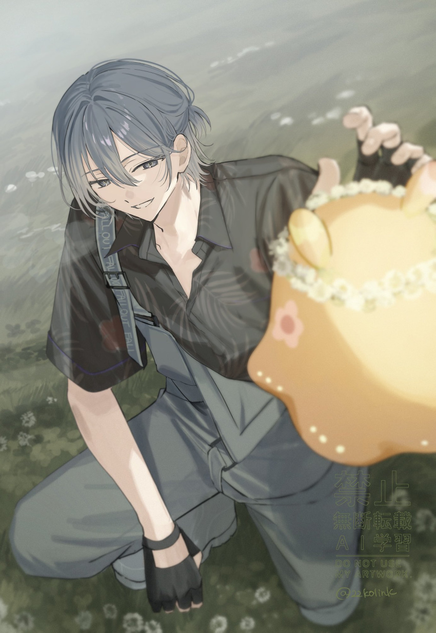 18trip 1boy 22kolink arm_up black_gloves black_shirt commentary fingerless_gloves full_body gloves grey_eyes grey_hair grey_overalls hachinoya_nagi hair_between_eyes half_updo highres looking_at_animal male_focus medium_hair overalls print_shirt shirt short_sleeves smile solo squatting symbol-only_commentary