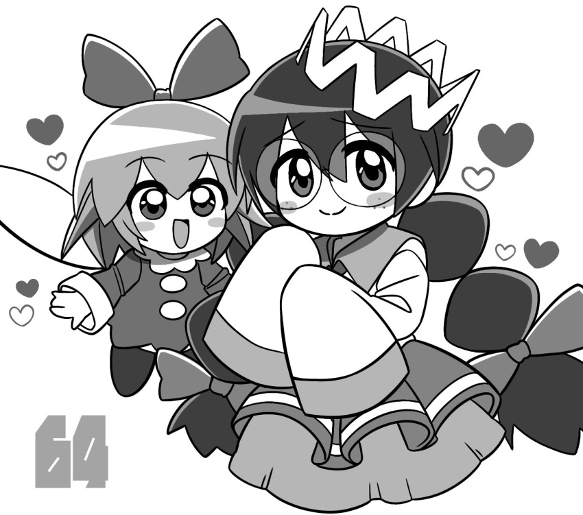 2girls braid crown fairy fairy_wings freckles glasses greyscale heart highres kirby_(series) kirby_64 kusaremix long_hair low_twin_braids monochrome multiple_girls open_mouth ribbon_(kirby) ripple_star_queen simple_background sleeves_past_fingers sleeves_past_wrists smile twin_braids white_background wings