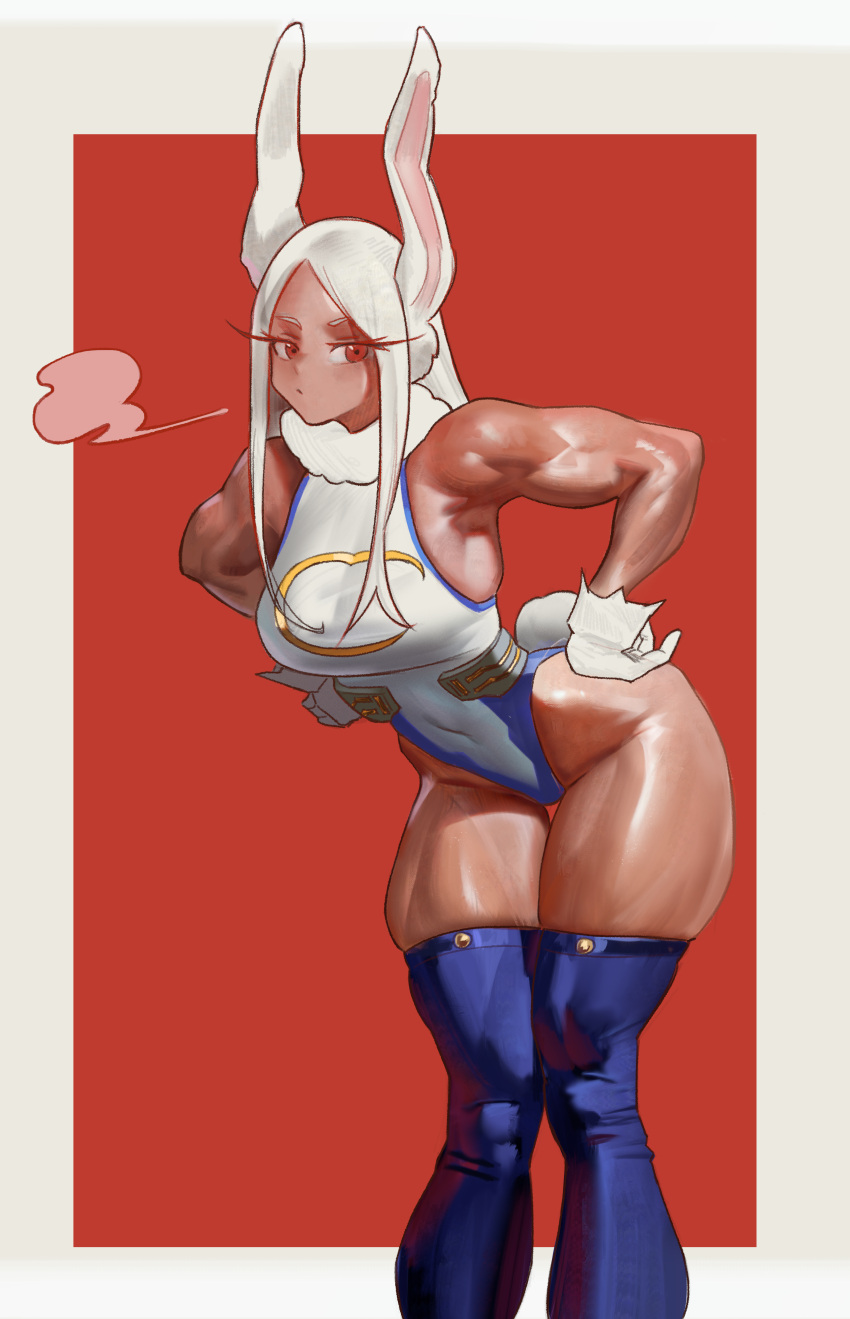 1girl absurdres animal_ears armpits bare_shoulders blue_thighhighs boku_no_hero_academia breasts covered_navel feet_out_of_frame fur-trimmed_legwear fur_trim gloves grey_background groin hands_on_own_hips highleg highleg_leotard highres large_breasts leaning_forward leotard long_eyelashes long_hair looking_at_viewer mirko muscular muscular_female parted_bangs pout rabbit_ears rabbit_girl rabbit_tail red_background red_eyes skindentation solo standing tail the_antin thick_thighs thighhighs thighs turtleneck turtleneck_leotard two-tone_background white_gloves white_hair white_leotard