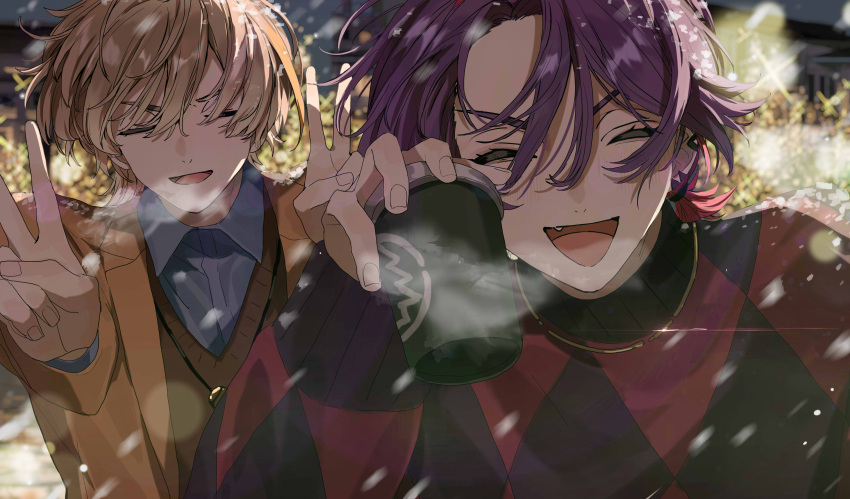 2boys absurdres blonde_hair blurry blurry_background closed_mouth collared_shirt colored_inner_hair commentary depth_of_field facing_viewer fang fura_kanato hair_between_eyes hand_up hashtag-only_commentary highres jacket male_focus matsuhago multicolored_hair multiple_boys nijisanji open_mouth pink_hair purple_hair shirt short_hair smile snow snowing sweater two-tone_hair upper_body v virtual_youtuber watarai_hibari wind