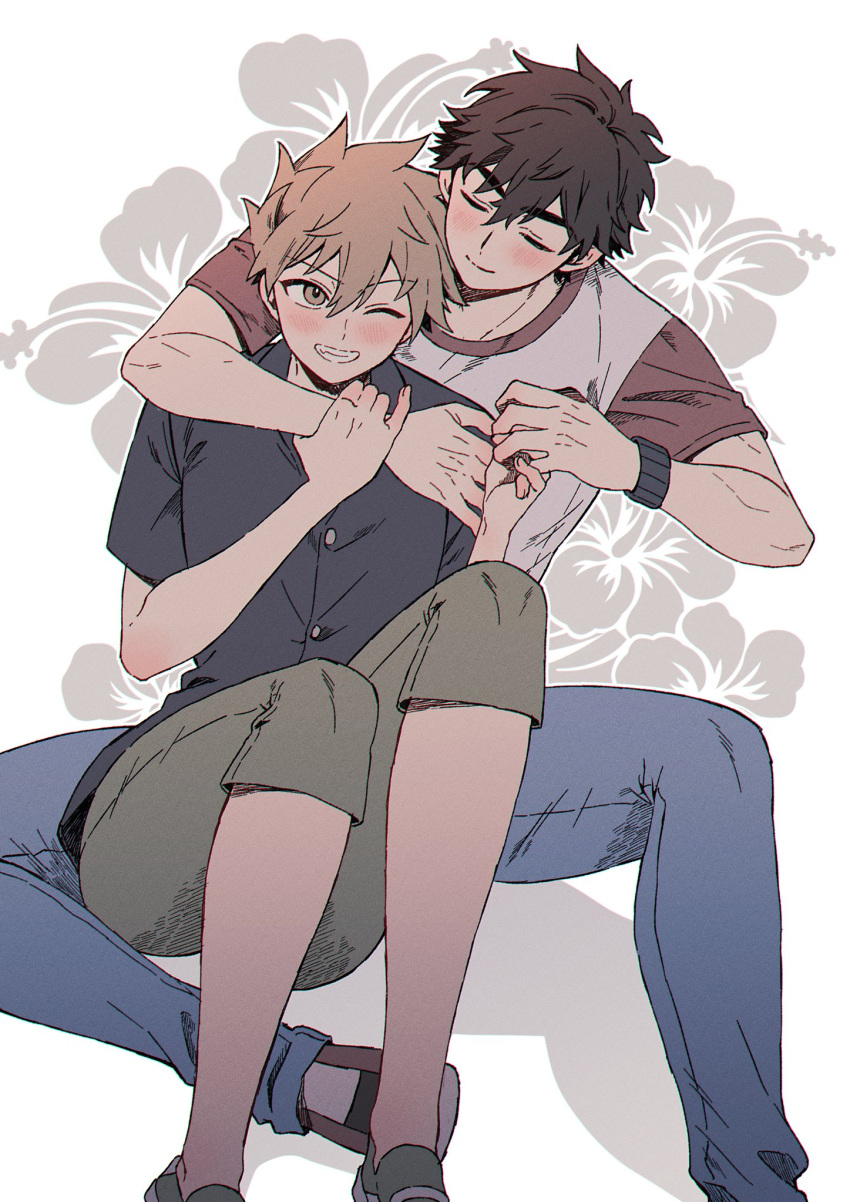 2boys arm_around_neck black_shirt blue_oak blue_pants blush brown_eyes brown_hair buttons capri_pants closed_eyes commentary_request crew_neck denim double-parted_bangs flower green_pants hair_between_eyes hand_on_another's_wrist hibiscus highres jeans looking_at_another male_focus multiple_boys one_eye_closed pants pk_rgr96 pokemon red_(pokemon) shirt shoes short_hair short_sleeves sitting t-shirt two-tone_shirt white_background yaoi