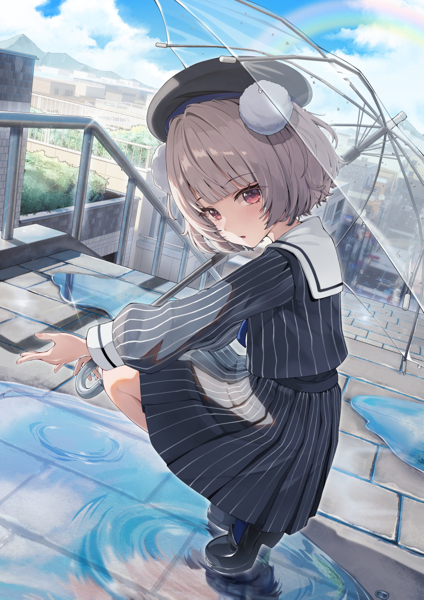 1girl absurdres black_hat black_shirt black_shoes black_skirt blue_ribbon blunt_bangs brown_hair city cloud cloudy_sky commentary hat highres holding holding_umbrella indie_virtual_youtuber kagemoe1003 looking_at_viewer looking_to_the_side mary_janes mountain pleated_skirt pom_pom_(clothes) puddle railing rainbow red_eyes ribbon sailor_collar shigure_ui_(vtuber) shirt shoes skirt sky solo squatting striped_clothes striped_shirt striped_skirt transparent transparent_umbrella ui_(voisona) umbrella voisona