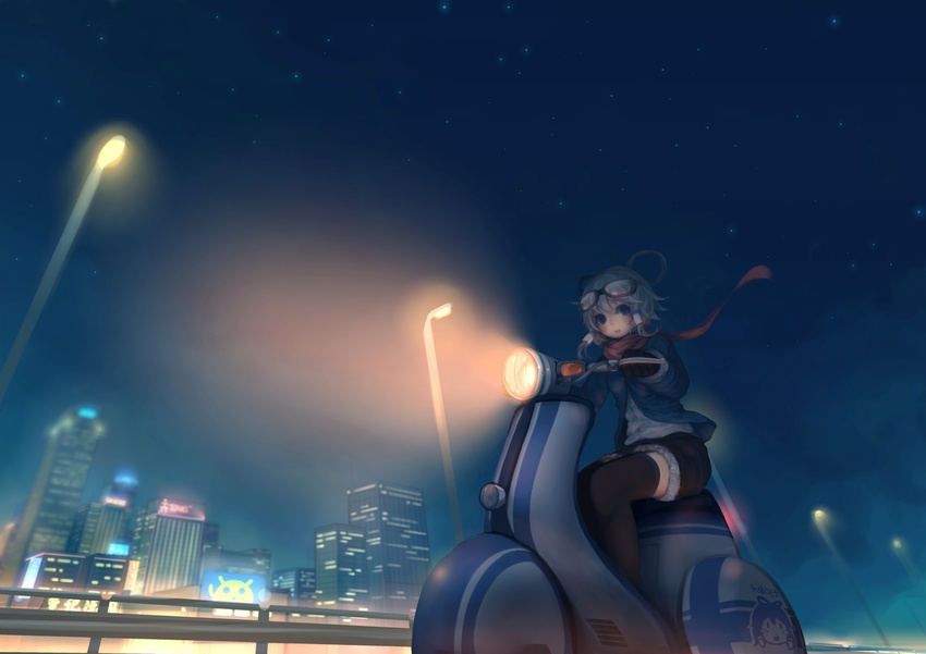 bad_id bad_pixiv_id blue_eyes city driving gloves goggles ground_vehicle highres lamppost looking_at_viewer luo_tianyi motor_vehicle motorcycle night scarf sky star_(sky) thighhighs vocaloid vocanese wave505 zettai_ryouiki