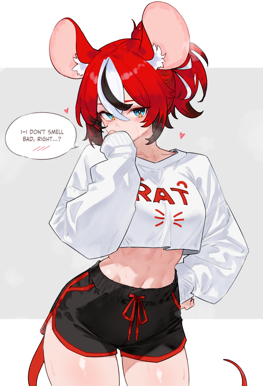 1girl absurdres animal_ear_fluff animal_ears black_shorts black_streaks blue_eyes bluefield breasts bright_pupils clothes_writing colored_tips commentary covering_own_mouth cowboy_shot crop_top crop_top_overhang cropped_shirt crossed_bangs double-parted_bangs english_text grey_background hair_between_eyes hakos_baelz hand_on_own_hip hand_up highres hololive hololive_english long_sleeves looking_at_viewer medium_breasts midriff mouse_ears mouse_girl mouse_tail multicolored_hair navel ponytail red_hair shirt short_hair short_shorts shorts simple_background sleeves_past_wrists solo speech_bubble symbol-only_commentary tail toned toned_female virtual_youtuber white_pupils white_shirt white_streaks