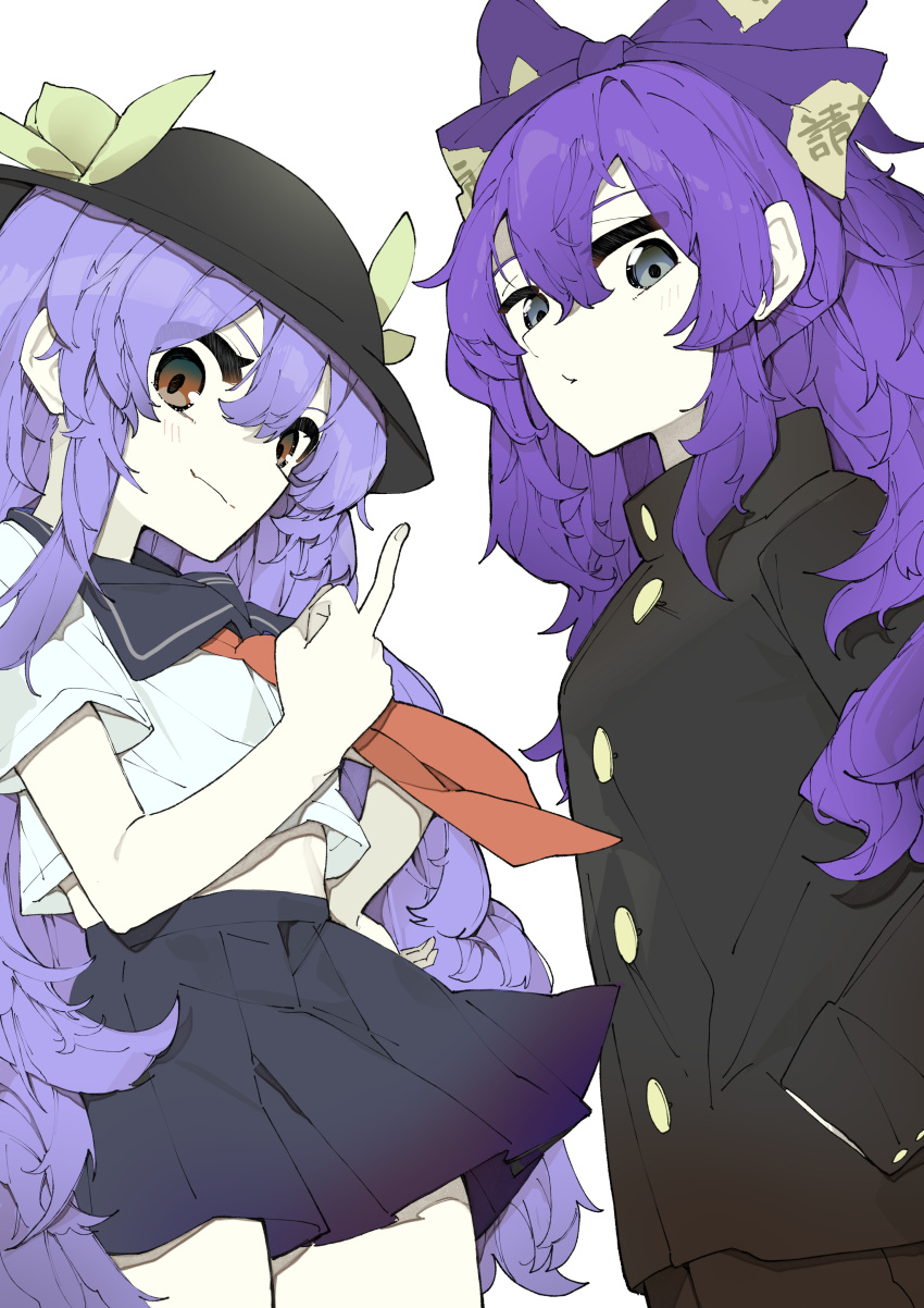 2girls absurdres alternate_costume black_hat black_jacket black_pants black_sailor_collar black_skirt bow commentary_request contemporary gakuran grey_eyes hair_bow hand_in_pocket hand_on_own_hip hat hat_ornament highres hinanawi_tenshi jacket kuromaru_ira leaf_hat_ornament long_hair looking_at_viewer middle_finger multiple_girls neckerchief pants pleated_skirt purple_bow purple_hair red_eyes red_neckerchief sailor_collar sailor_shirt school_uniform serafuku shirt simple_background skirt touhou very_long_hair white_background white_shirt yorigami_shion