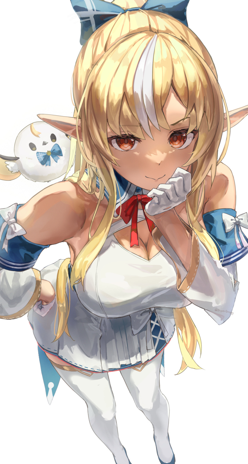 1girl absurdres bare_shoulders blonde_hair blue_bow bow breasts cleavage cleavage_cutout closed_mouth clothing_cutout collar commentary cross-laced_clothes cross-laced_dress detached_sleeves elf elfriend_(shiranui_flare) feet_out_of_frame from_above gloves hair_bow hand_on_own_chin hand_on_own_hip highres hololive large_breasts lazyramen long_hair looking_at_viewer multicolored_hair pointy_ears red_eyes red_ribbon ribbon shiranui_flare shiranui_flare_(1st_costume) sidelocks single_hair_streak skirt skirt_bow smile solo_focus streaked_hair symbol-only_commentary virtual_youtuber white_background white_gloves white_streaks