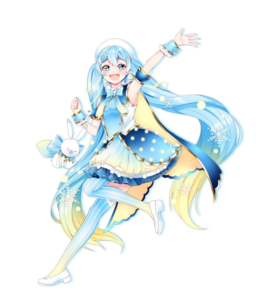 1girl aqua_bow aqua_bowtie arm_up armpits beret blonde_hair blue_dress blue_thighhighs blush bow bowtie commentary_request dress full_body gradient_hair hair_between_eyes hair_ornament hat hatsune_miku highres long_hair looking_at_viewer masumofu multicolored_hair musical_note musical_note_ornament open_mouth rabbit_yukine simple_background sleeveless sleeveless_dress smile striped_clothes striped_thighhighs thighhighs twintails very_long_hair vocaloid white_background white_hat yellow_dress yuki_miku