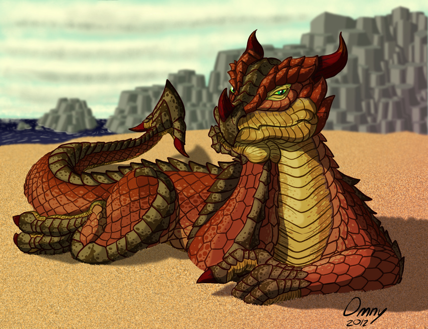 beach cloud dragon feral green_eyes horn looking_at_viewer male omny87 outside rock sand scales scalie seaside shadow sky solo water