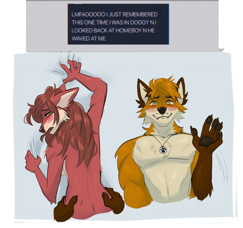 anthro arctic_fox awkward_smile blush canid canine claws cross_fox dipstick_arms doggystyle duo female flushed fox from_behind_position gabe_(doppelfoxx) grabbing_hips grabbing_sheets green_eyes hair hi_res jakkals_van_der_bergh_(doppelfoxx) jewelry long_hair male male/female mammal meme moan necklace nude nude_female nude_male offscreen_sex orange_eyes rear_view red_fox seagullart sex teeth true_fox