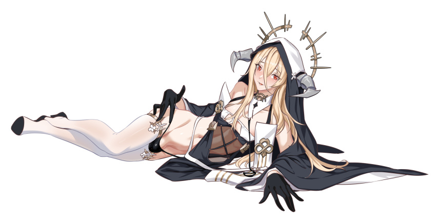 1boy azur_lane bare_shoulders black_gloves black_panties black_shoes black_thong black_veil blonde_hair breast_cutout breasts bulge cleavage covered_penis crossdressing crossdressing_(mtf) dress erection erection_under_clothes fake_horns genderswap genderswap_(ftm) gloves hair_between_eyes half_gloves high_heels highres horns implacable_(azur_lane) long_bangs long_hair long_hair_between_eyes lying nun on_side on_stomach p.maker panties pelvic_curtain red_eyes revealing_clothes sexually_suggestive shoes simple_background solo thighhighs thong trap two-tone_dress underwear veil very_long_hair white_horns white_thighhighs