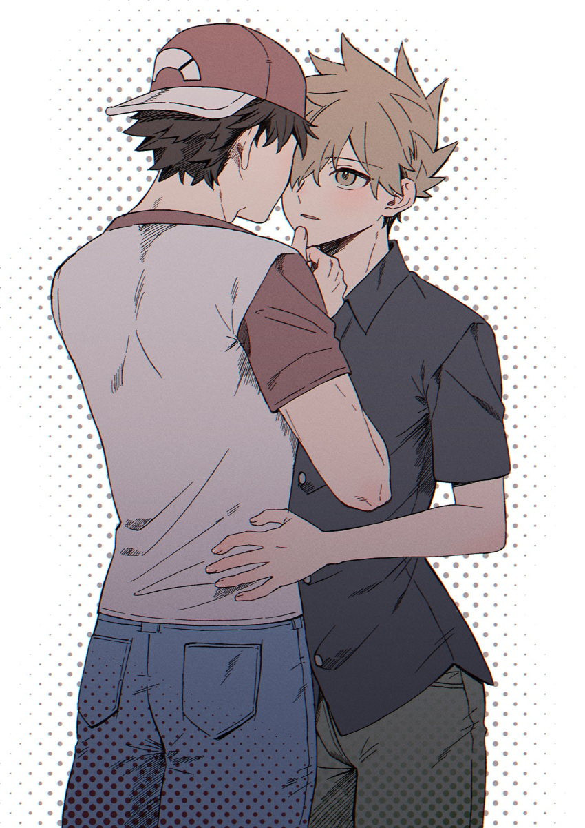 2boys backwards_hat baseball_cap ben-day_dots black_shirt blue_oak blue_pants brown_eyes brown_hair buttons collared_shirt commentary_request denim feet_out_of_frame grey_pants grey_shirt hand_on_another's_chin hand_on_another's_hip hat highres jeans looking_at_another male_focus multiple_boys pants parted_bangs parted_lips pk_rgr96 pokemon pokemon_sm red_(pokemon) red_hat screentones shirt short_sleeves spiked_hair standing t-shirt white_background wing_collar yaoi