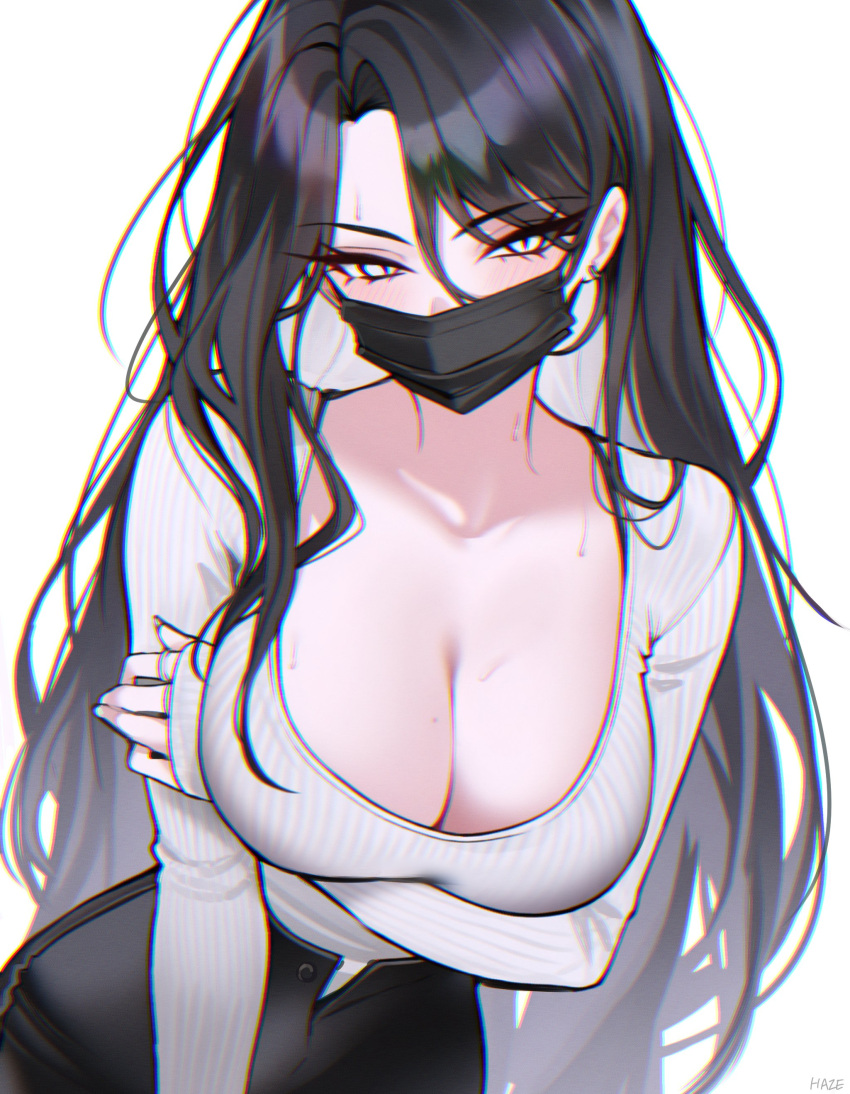 1girl absurdres arm_under_breasts artist_name black_pants blush bra_strap breasts chromatic_aberration cleavage commentary covered_mouth cowboy_shot curtained_hair english_commentary hair_between_eyes haze_(7h4ze) highres large_breasts long_bangs long_hair long_sleeves looking_at_viewer mask mouth_mask open_fly open_pants original pants ribbed_shirt scoop_neck shirt side_part sidelocks simple_background sleeves_past_wrists slit_pupils solo standing very_long_hair white_background white_eyes white_shirt