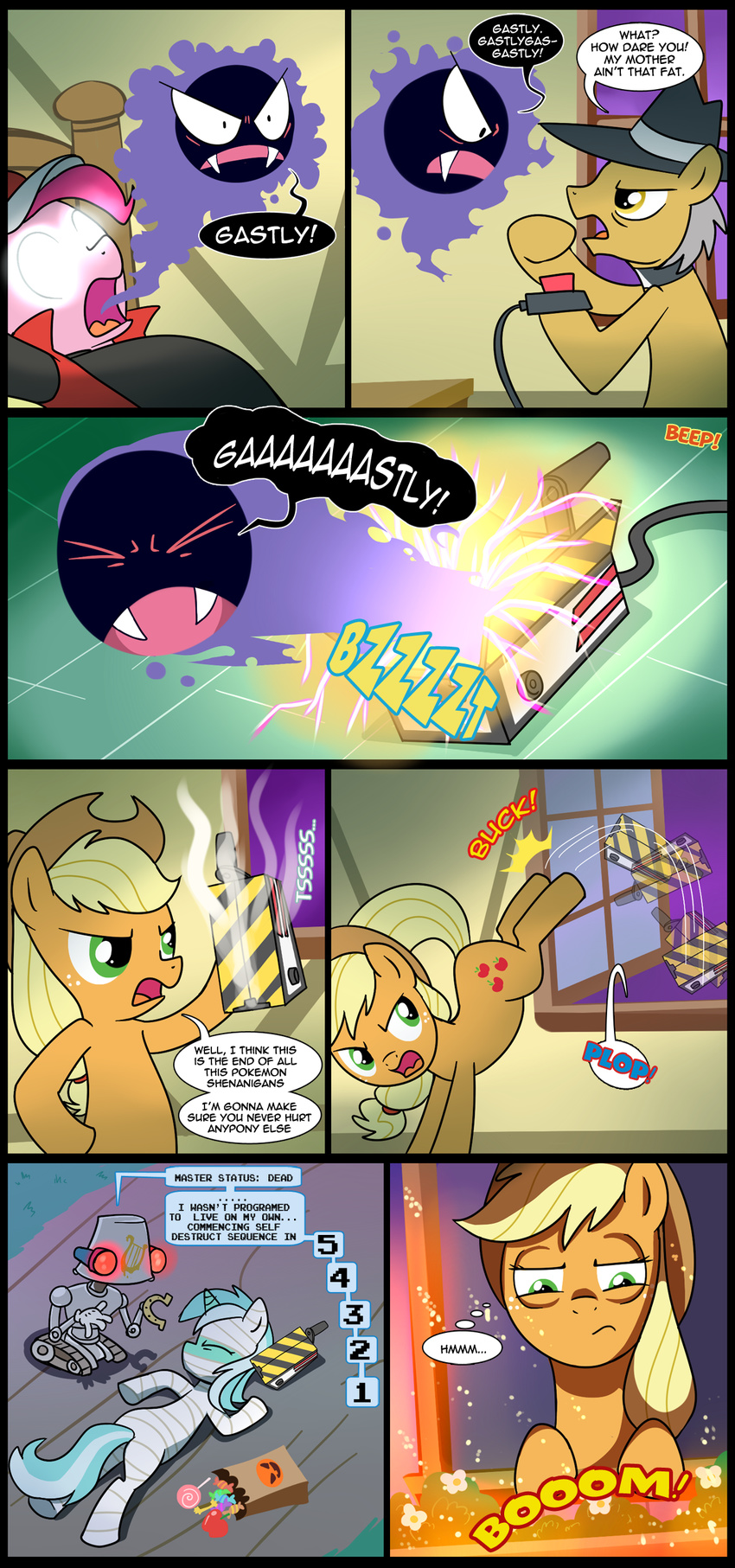 applejack_(mlp) bed blonde_hair blue_eyes candy clyde_pie_(mlp) comic cowboy_hat cutie_mark dialog dialogue english_text equine female feral freckles friendship_is_magic gastly green_eyes group hair hat horn horse lyra_(mlp) lyra_heartstrings_(mlp) machine madmax male mammal mechanical multi-colored_hair my_little_pony nintendo parody pink_hair pinkie's_father_(mlp) pinkie_pie_(mlp) pok&#233;mon pok&eacute;mon pony purple_eyes restrained robot text unicorn video_games water