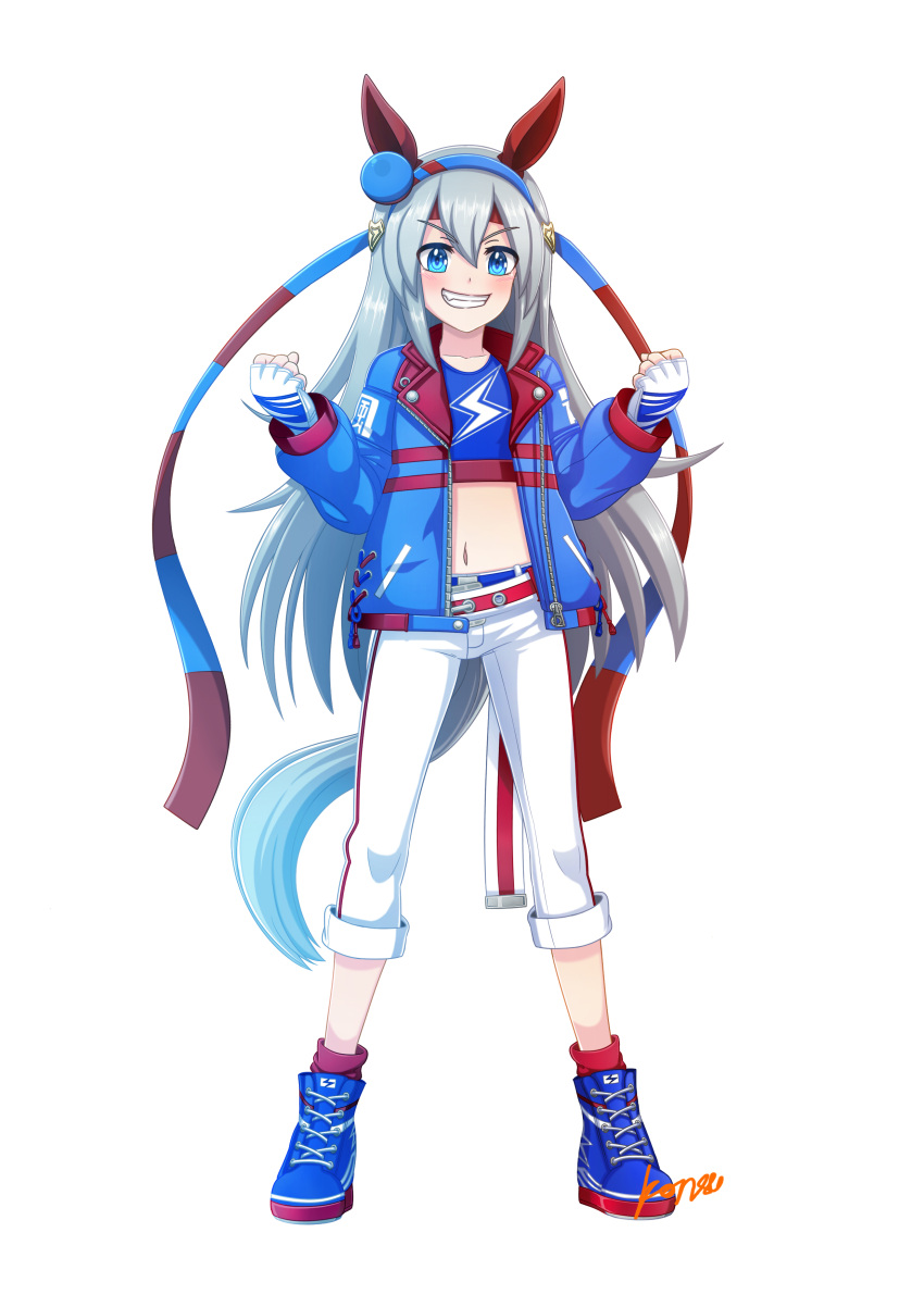 1girl absurdres animal_ears belt blue_boots blue_eyes blue_hairband blue_jacket blue_sports_bra blush boots clenched_hands ear_covers fang fingerless_gloves full_body gloves grey_hair grey_tail grin hair_between_eyes hairband headband highres horse_ears horse_girl horse_tail jacket konsu_(konsu1182da) lightning_bolt_print lightning_bolt_symbol long_hair long_sleeves midriff multicolored_hairband navel open_mouth pants red_belt red_headband simple_background smile solo sports_bra striped_clothes striped_hairband tail tamamo_cross_(umamusume) tamamo_cross_(with_lightning_speed)_(umamusume) teeth two-tone_hairband umamusume very_long_hair white_background white_gloves white_pants