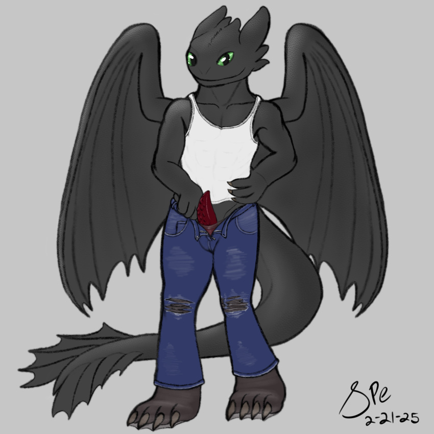 1:1 2025 4_fingers 4_toes anthro anthrofied big_tail black_body black_scales blue_bottomwear blue_clothing blue_jeans blue_pants bottomwear claws clothed clothing dated denim denim_bottomwear denim_clothing digital_drawing_(artwork) digital_media_(artwork) dragon dreamworks erection european_mythology feet fin finger_claws fingers front_view full-length_portrait fully_clothed fury_(httyd) genitals green_eyes grey_background hi_res horn how_to_train_your_dragon jeans legwear long_tail looking_at_viewer male male_anthro membrane_(anatomy) membranous_wings muscular muscular_anthro muscular_male mythological_creature mythological_scalie mythology night_fury open_bottomwear open_clothing open_jeans open_pants pants pantyhose pecs penis portrait procreate_(artwork) red_penis scales scalie shirt signature simple_background sketch smile solo spe tail tail_fin tank_top tapering_penis tapering_tail thick_tail toe_claws toes toothless topwear torn_bottomwear torn_clothing torn_jeans torn_pants western_dragon white_clothing white_shirt white_tank_top white_topwear wings