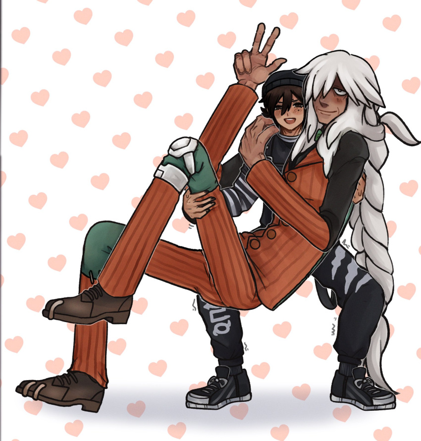 2boys alexis_(dotted_clouds) az_(pokemon) beanie black_hat black_nails black_pants black_shirt black_shoes blush bow bowtie braid braided_ponytail brown_hair carrying commentary dotted_clouds english_commentary full_body green_bow green_bowtie hair_over_one_eye hand_on_another's_shoulder hat heart heart_background highres knee_brace layered_shirt looking_at_viewer lower_eyelashes_only male_focus mole mole_on_forehead mole_under_eye multiple_boys old open_mouth orange_vest pants patchwork_clothes patterned_background pinstripe_pattern pinstripe_vest pokemon pokemon_legends:_z-a princess_carry shirt shoes smile striped_sleeves struggling tall_male teeth trembling upper_teeth_only vest w yaoi