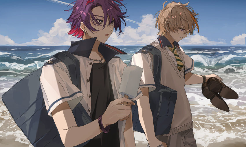 2boys bag beach blonde_hair collared_shirt colored_inner_hair day food fura_kanato hair_intakes highres holding holding_shoes holding_unworn_clothes male_focus matsuhago multicolored_hair multiple_boys necktie nijisanji outdoors pink_hair popsicle purple_hair school_bag school_uniform shirt shoes short_hair sky two-tone_hair unbuttoned unbuttoned_shirt undershirt unworn_shoes vest virtual_youtuber watarai_hibari white_shirt wind