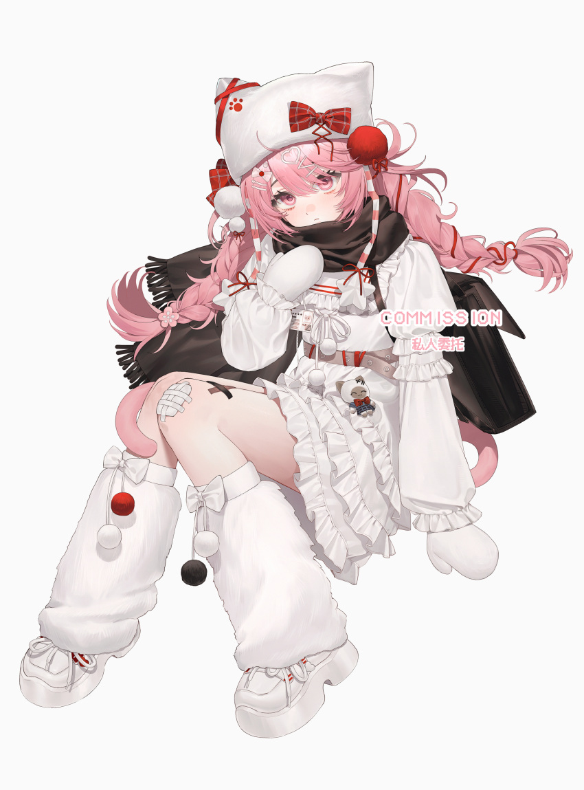1girl absurdres animal_hat bag bandaid bandaid_on_leg belt black_bag black_scarf bow bow_legwear braid cat_girl cat_hat cat_tail commentary commission dress frilled_dress frills gauze_on_knee gloves hair_bow hair_ornament hair_ribbon hairclip hand_up hashtag-only_commentary hat hat_bow head_tilt heart heart_hair_ornament highres leg_warmers long_hair long_sleeves looking_at_viewer original parted_bangs pink_eyes pink_hair pom_pom_(clothes) puffy_long_sleeves puffy_sleeves red_ribbon ribbon ribbon_braid scarf shoes simple_background sitting sneakers solo star_ornament suiji_xuanlu symbol-only_commentary tail twin_braids watermark white_background white_dress white_gloves white_hat white_leg_warmers white_shoes winter_gloves